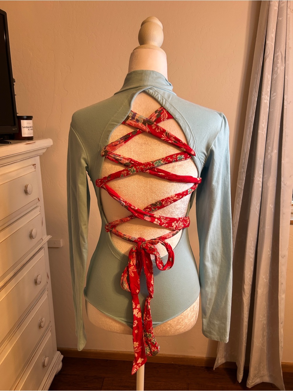 Intimately Free People Open Back Lace-Up Bodysuit Light Blue Floral Tie Size XS